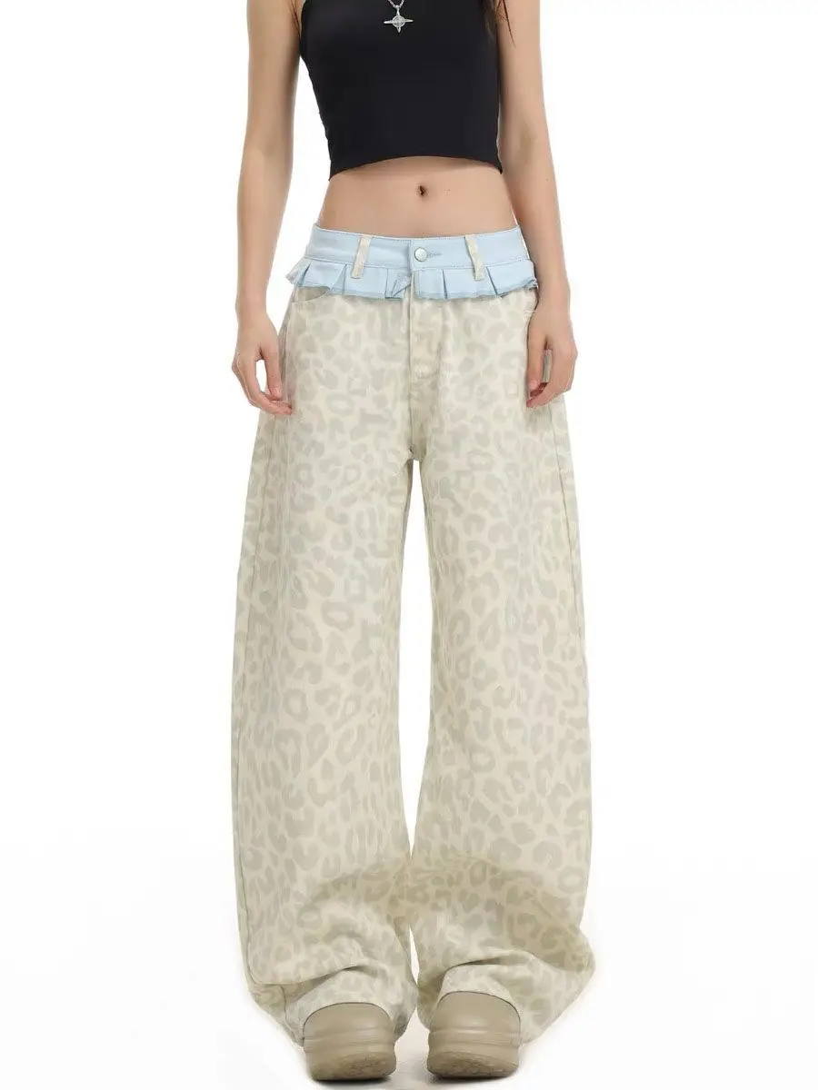 Light Leopard Print Wide-leg Jeans Women High Waist Loose and Drape Floor Pants Contrasting Color Waist Design Pants