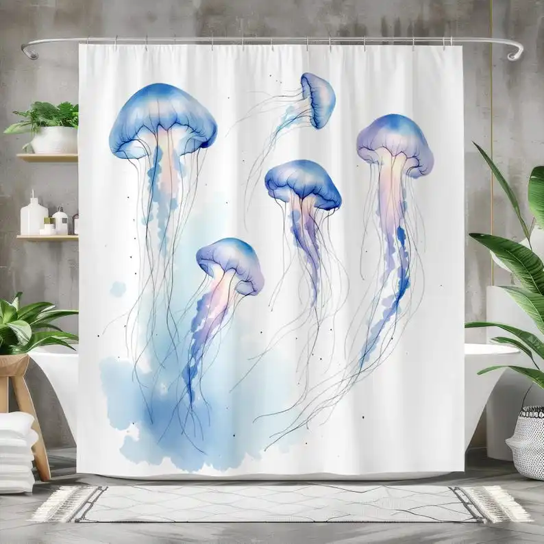 

Watercolor Jellyfish Shower Curtain, Blue and Purple Ocean Creatures, Soft Coastal Bathroom Art, Marine Life Decor