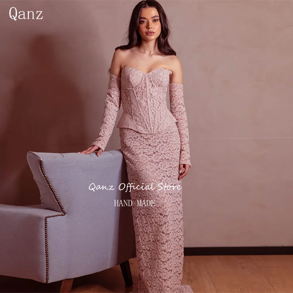 

Qanz Elegant Pink Lace Appliques Evening Dresses Sweetheart Mermaid Robes De Soirée Corset Back Formal Dresses Woman Customized