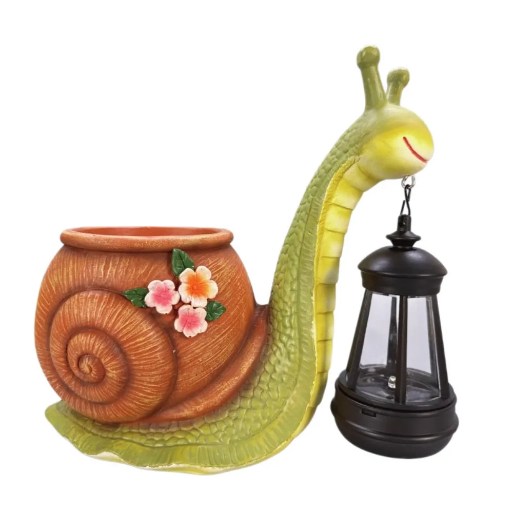 Resin Snail Statue Planter Decorative Sun Proof Snail Holding Solar Lantern with Warm LED Light Eco Plant Pot