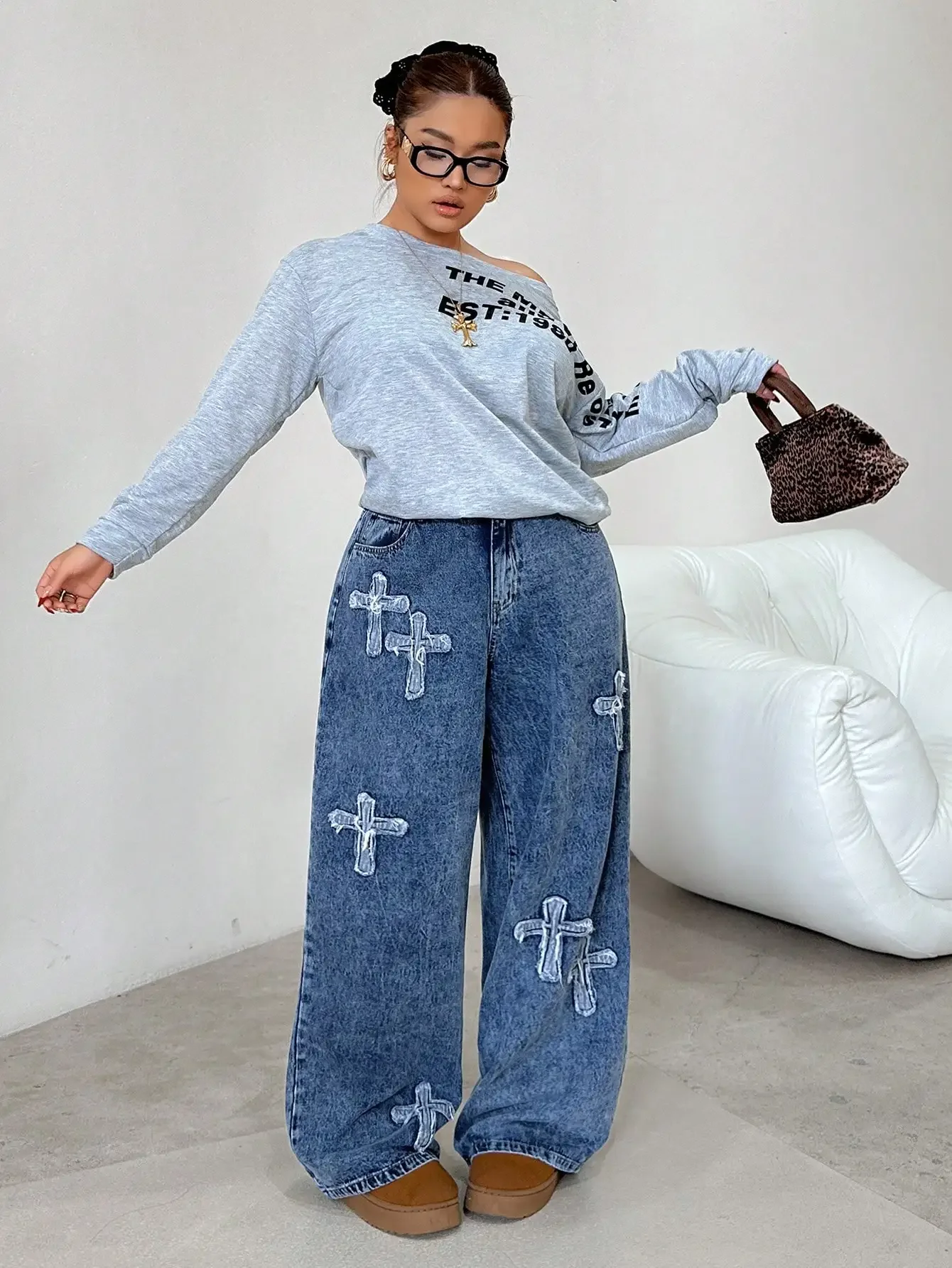 

Женские джинсовые широкие брюки больших размеров в уличном стиле с перекрестными лоскутками