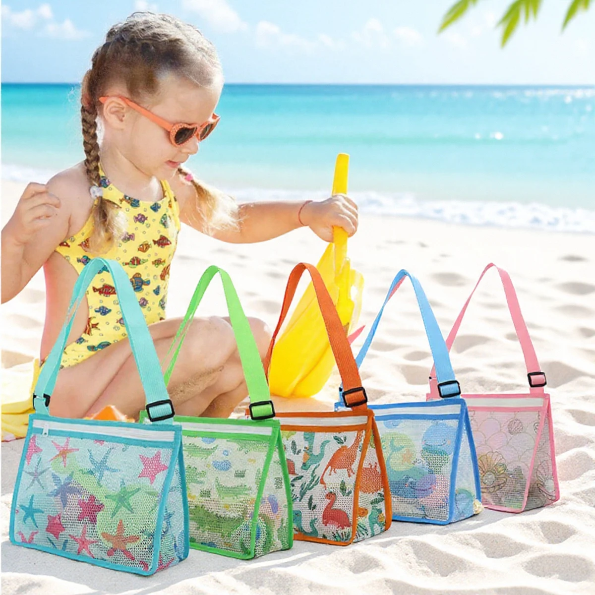 حقيبة شبكية لعبة الشاطئ للأطفال بسحاب لجمع الصدفة واللعب الرملي لتخزين ألعاب الشاطئ #1
