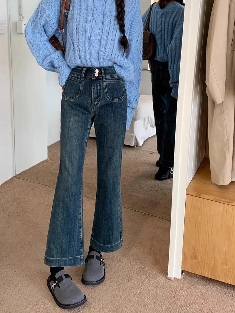 High-Waist-Schlagjeans für Damen, schmal geschnitten, amerikanischer Stil, Denim-Hose, Frühling/Herbst, für einen schmalen Körpertyp, 7/8-Länge