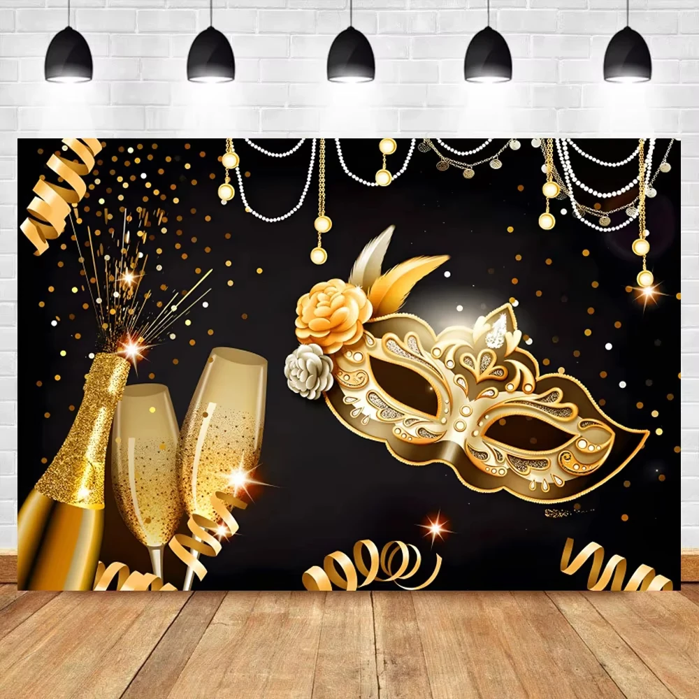 2025 Carnival Masquerade Photography Background Gold Mask Girl Birthday Adult Party Dancing Dress-up Festival Photo Backdrop