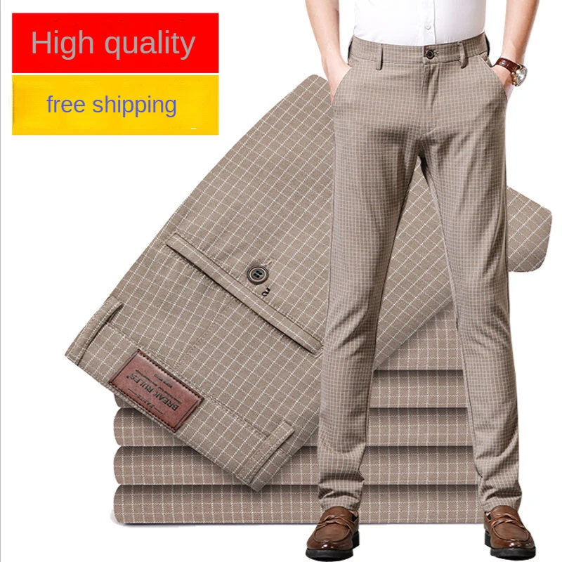 Suit Trousers Plaid Print Formal Pants for Men Korean Fashion Mens Casual Pants Summer Thin Dress Suit Pants Brown Black Gray