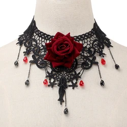 1PCS Vintage Punk Flower Charm Pendant Choker Necklace For Women Gothic Lace Tassel Clavicle Chain Jewelry