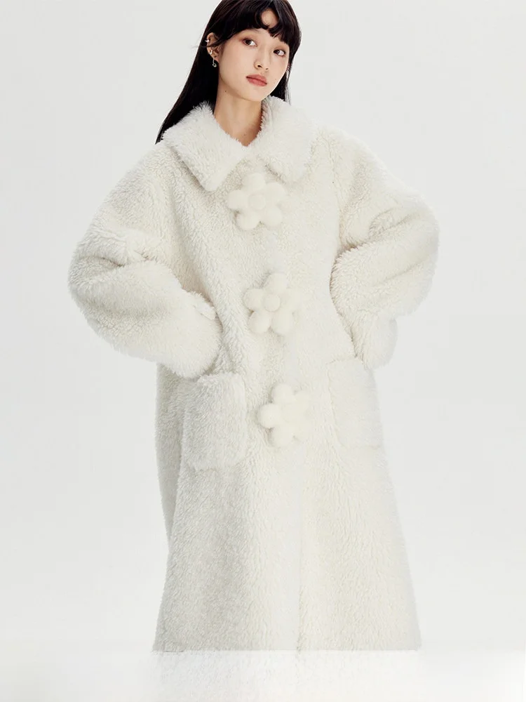 

DIDDI Autumn Winter Pure Color Loose Woolen Coat Medium Length 3D Flower Furry Outerwear Women's Faion Polyester Fiber