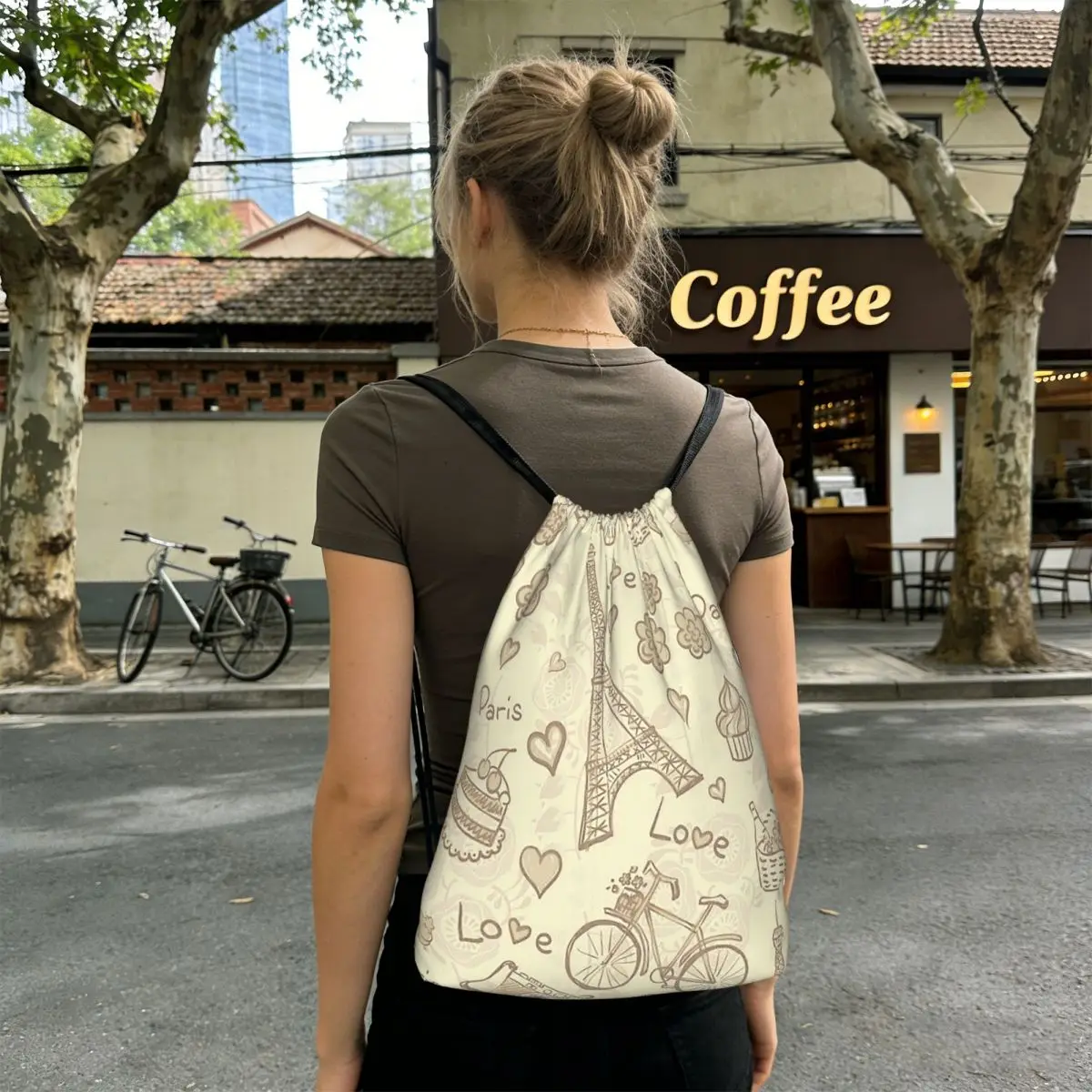 Iron Tower Desserts And Flowers Pattern Backpacks Portable Drawstring Bags Shoes Bag Book Bags for Man Woman School