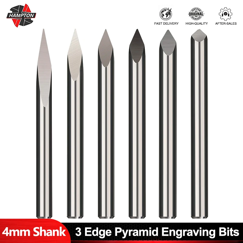 

HAMPTON 4mm Shank Carbide Milling Cutter 3 Edge Pyramid Engraving Bits 20-90 Degrees Tip 0.1-0.3mm Router Bit Woodworking Tools