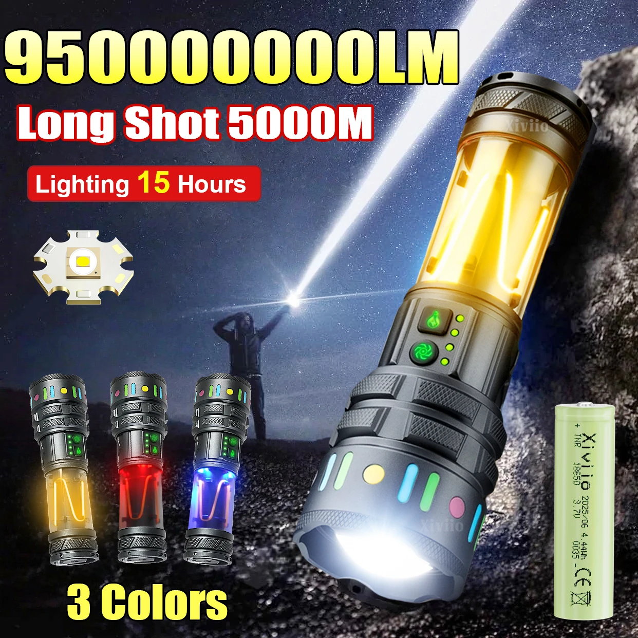 

Most Powerful LED Flashlight 950000000LM Strong Light Torch Rechargeable Portable Lamp Light 5KM Camping Lantern With COB Light