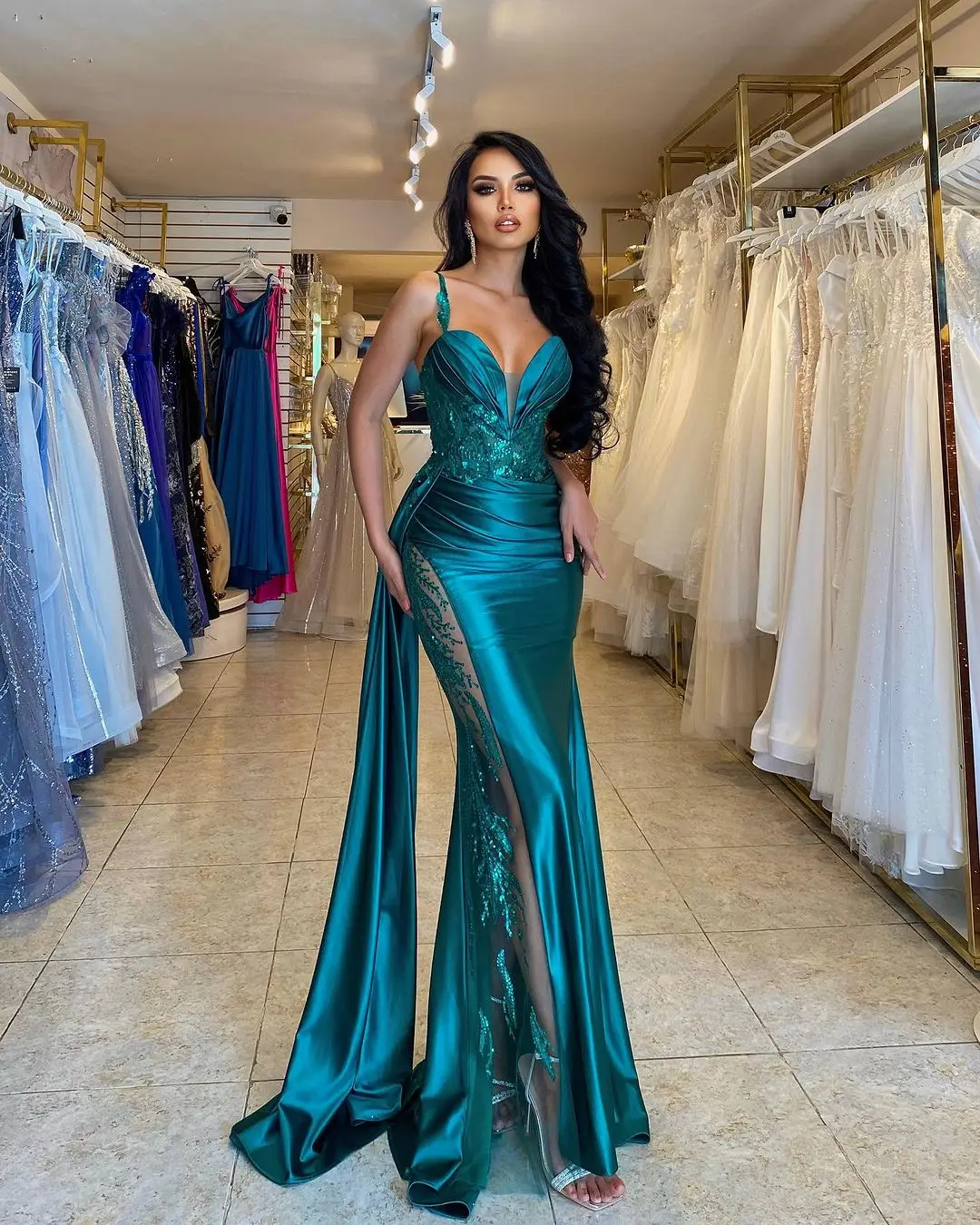 

Customized Graceful Satin Spaghetti Straps Sequined Straight Evening Dresses Strapless Sleeveless Panel Train Party Dr