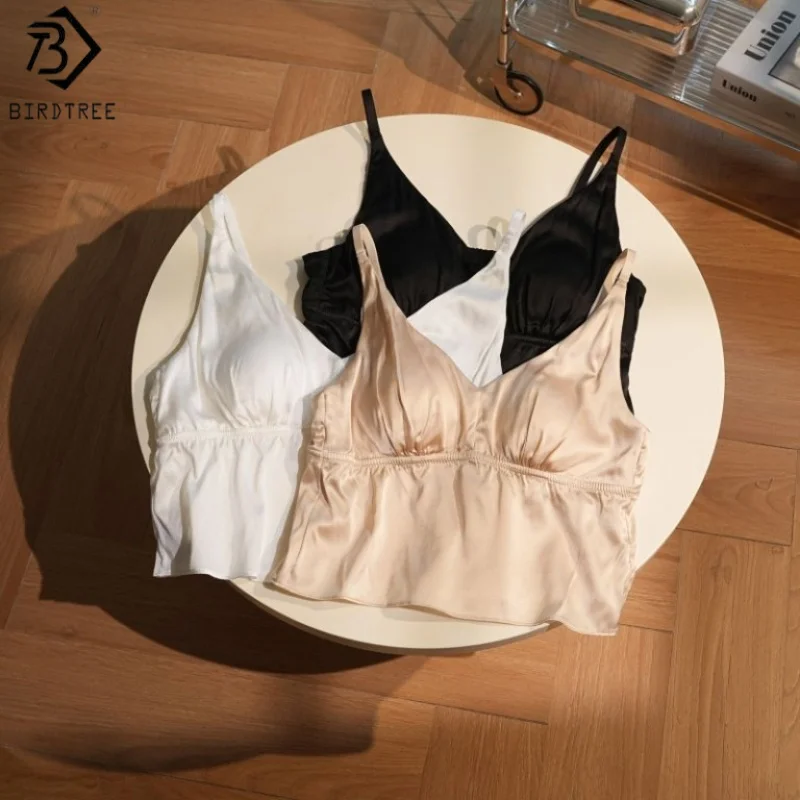 BirdTree, Real Silk Sling Vest With Breast Pad, 19MM 92% Silk 8% Spandex, Woman Full Cup V-neck Soft Tops, 2025 New A59035JF