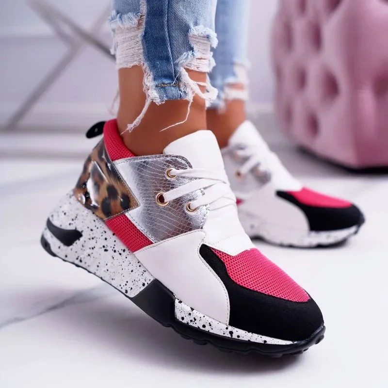 2020 New Women Casual Shoes Breathable Ladies Sneakers Leopard Print Faux Fur Sneakers Lace-up Platform Sports Shoes Women