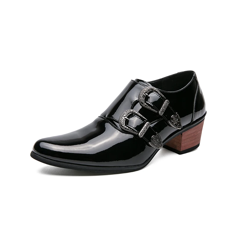 Patent Leather Double Buckle Men Loafers Thick Heel Black Formal Shoes Men Casual High Heel Shoes Zapatos Casuales Para Hombres