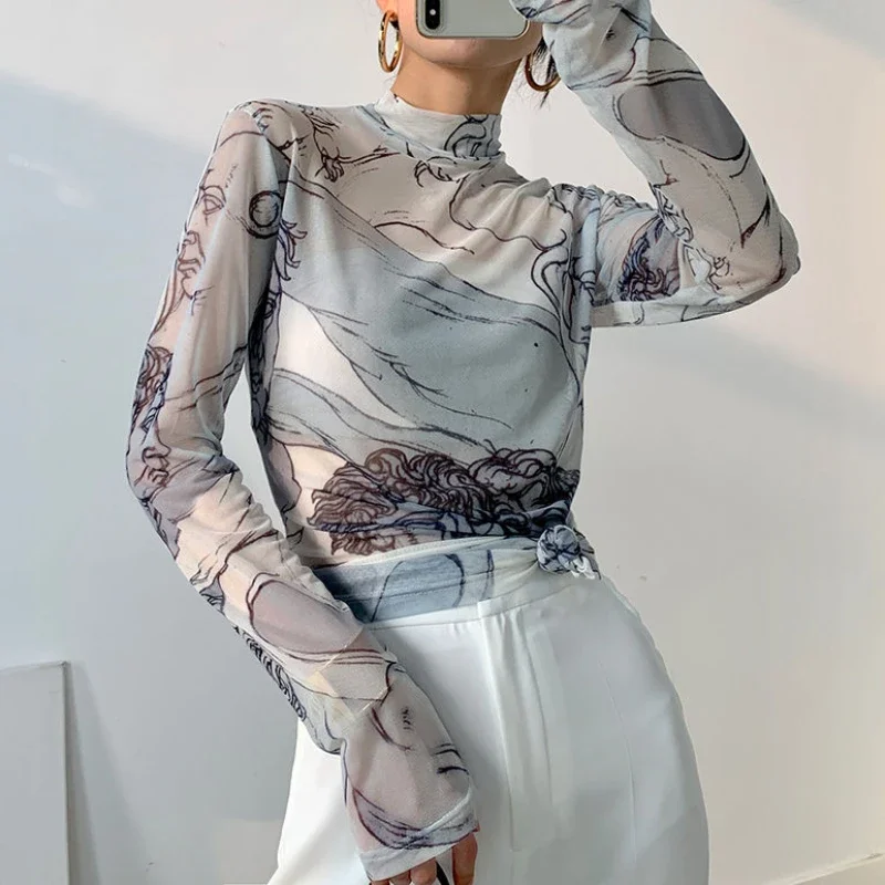 

Turtleneck Clothing Lace Slim Woman T-shirt Graphic Top for Women Mesh Tshirt Long Sleeve Luxury High Quality Wholesale Tee B794