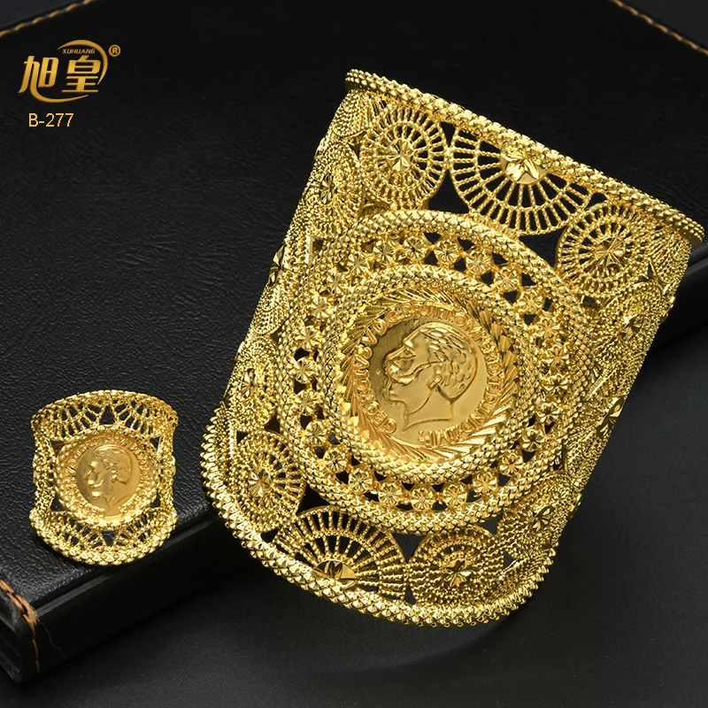 XUHUANG 2022 Luxury Style Cuff Bangles With Rings For Women Dubai Wedding Jewelry Gifts African Indian Carve Bangles Wholesale