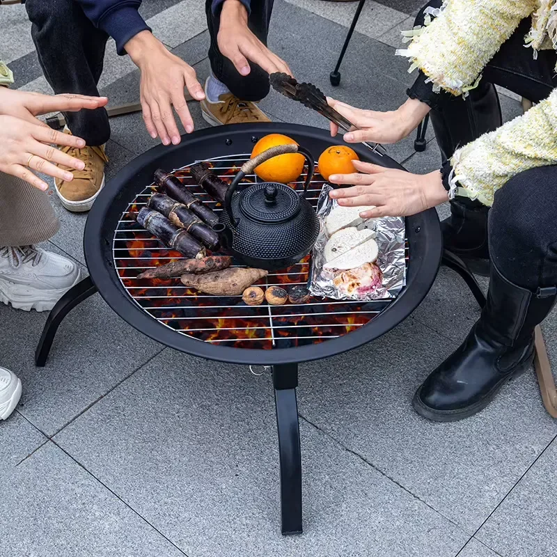 50cm Round Metal Fire Pit Charcoal BBQ Grill Outdoor Garden Yard Camping Heater Portable Steel Wood Burning Bowl for Patio