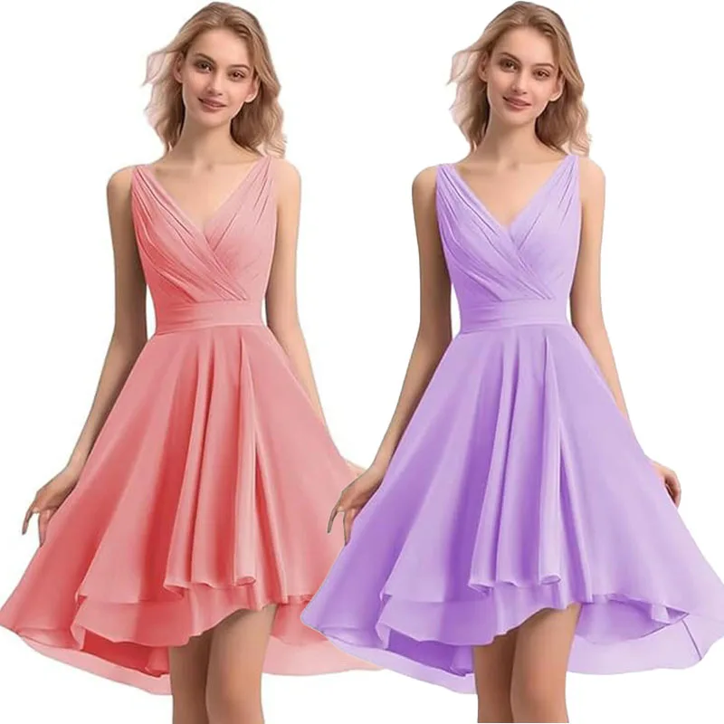 A Line Knee Length Chiffon V Neck Pleat Elegant Off Shoulder Bridesmaid Dresses Wedding Party Formal Prom Evening Cocktail