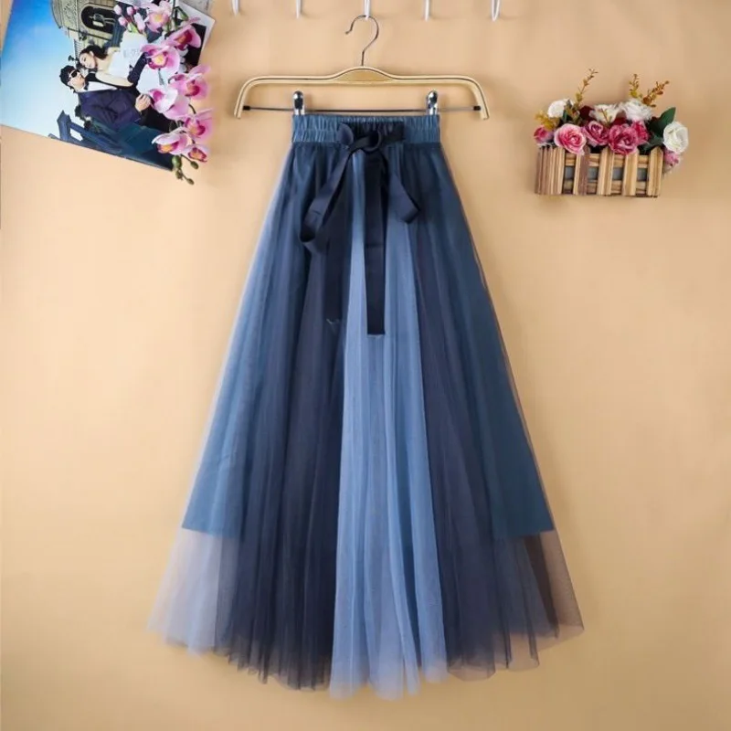 New pleated Skirt Medium Long A-line Color blocked Mesh Half Body Skirt Hanging Yarn Skirt Women's Half Body Looks Thin