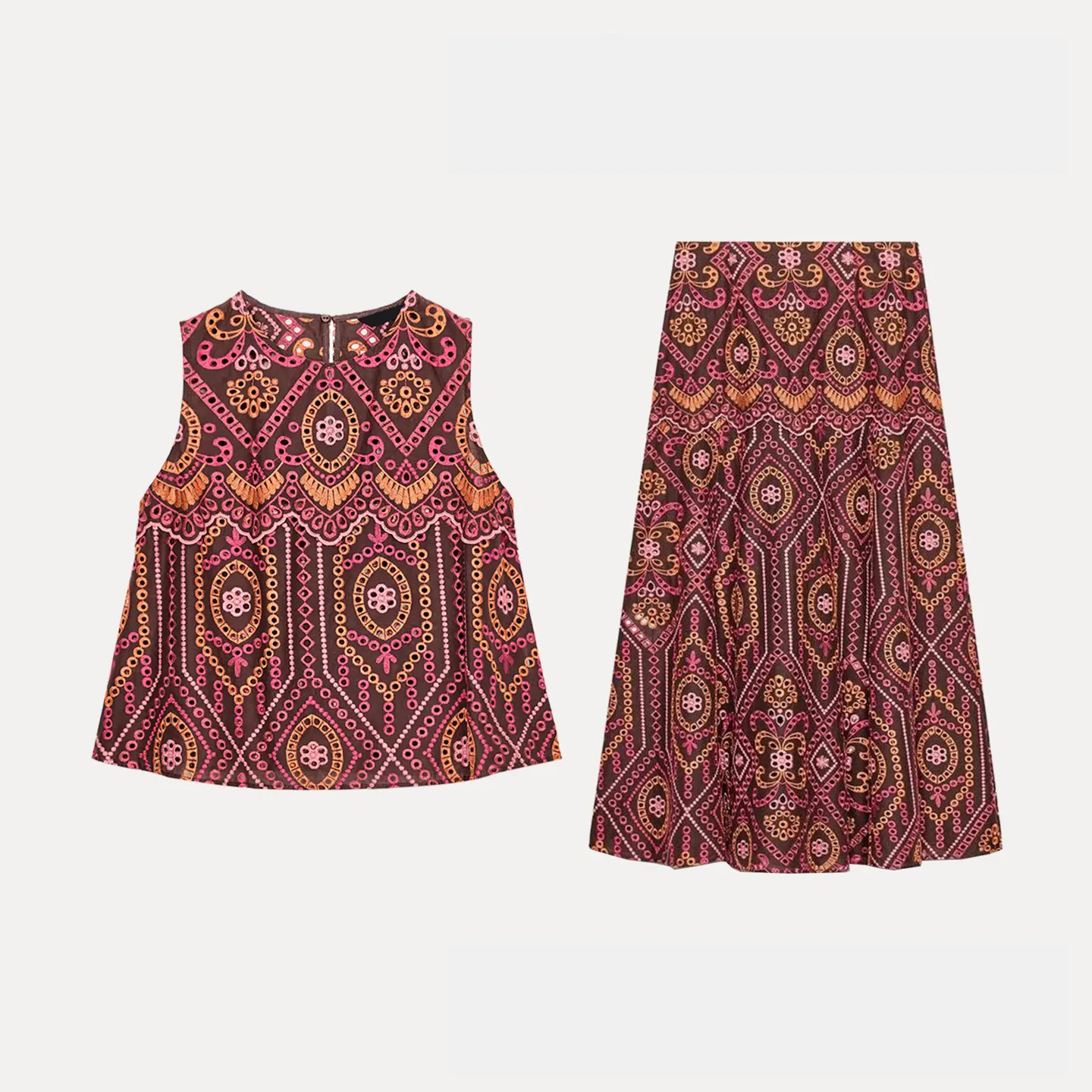 

Women's Spring 2026 Embroidered Hollow out Top And Midi Skirt Set Faionable Breathable Casual Comfortable Two-Piece Outfit
