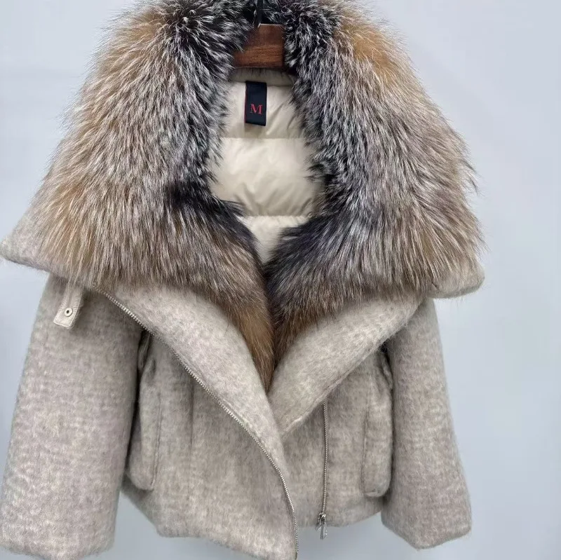 Winter Big Fox Fur Collar Cashmere Down Jacket Women's Wool Short Coat Thicken Warm Outerwear Streetwear White Goose Down Coats