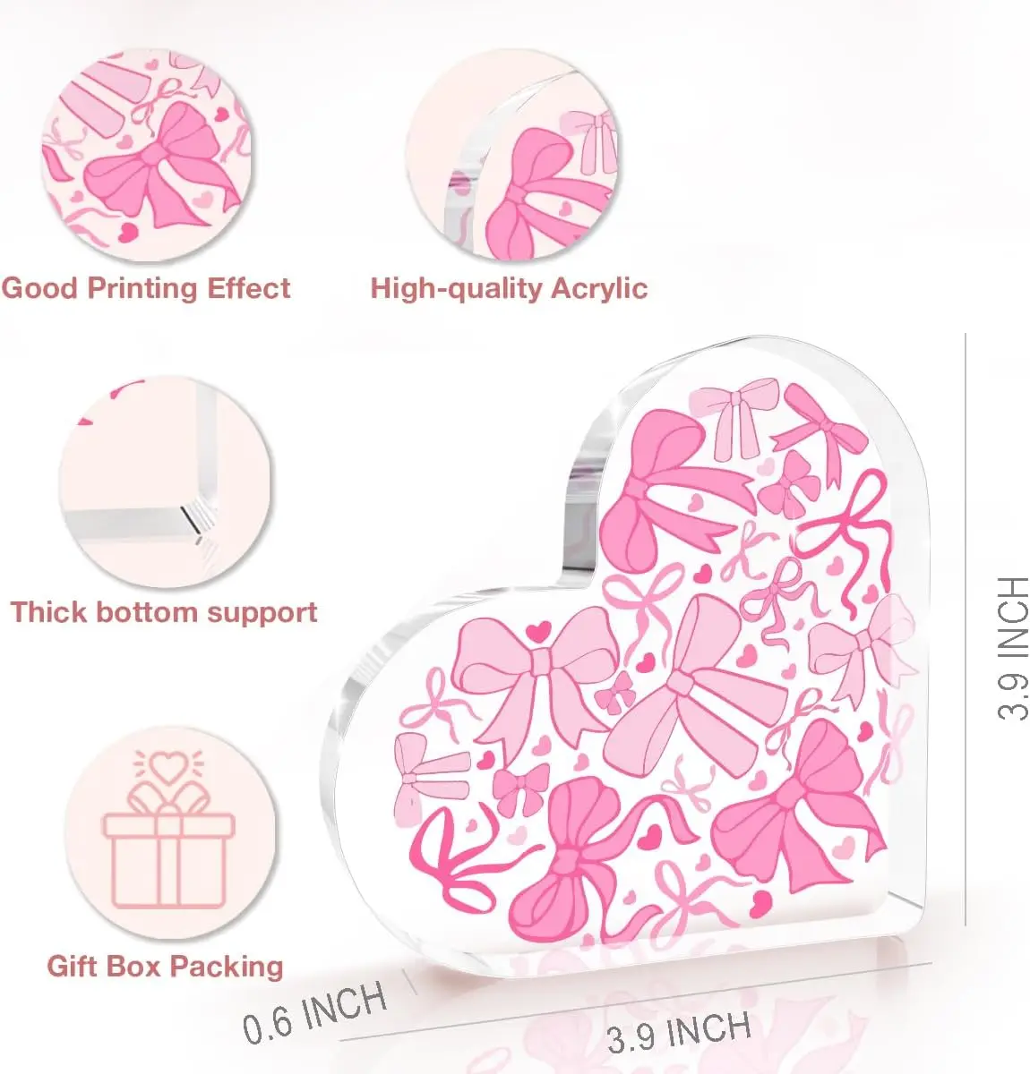 Coquette Pink Bow Heart‑Shaped Acrylic Sign, Sweet Girly Aesthetic Desktop Table Decoration