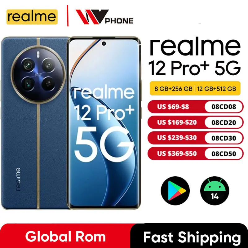 글로벌 롬 Realme 12 Pro Plus 5G 스냅드래곤 7s Gen 2 64MP 소니 IMX890 OIS 6.7 인치 AMOLED 67W SuperVOOC 스마트폰 Realme 12 Pro + 