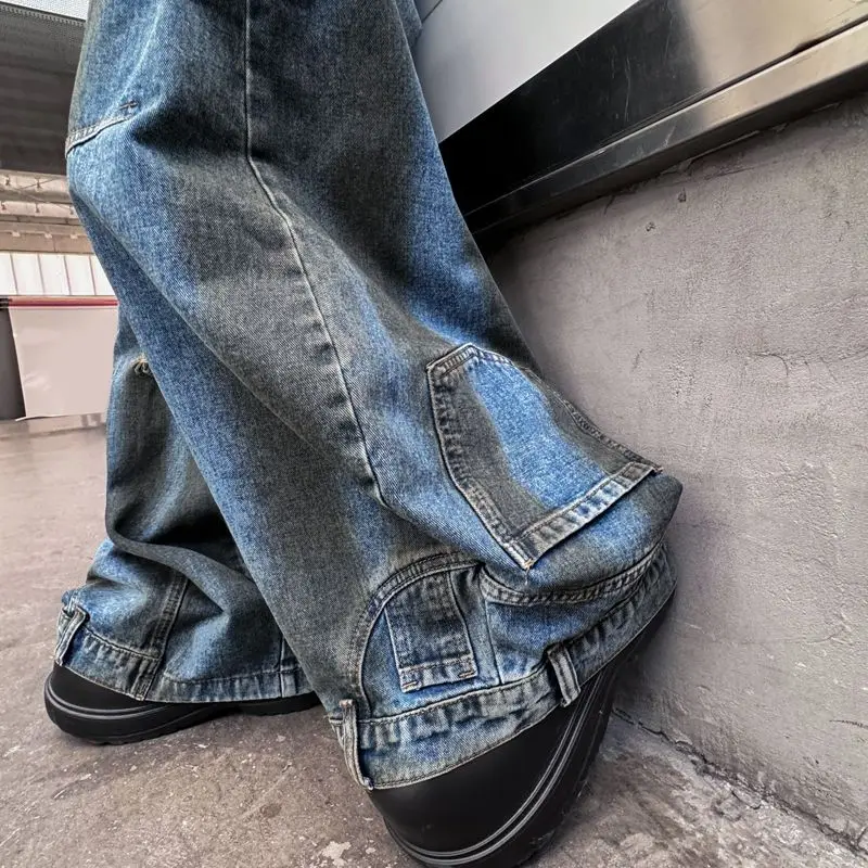 

Foufurieux American Style Fashion Plus High Street Retro Distressed Design Jeans Men's Loose Casual Wide Leg Pants Male Clothing