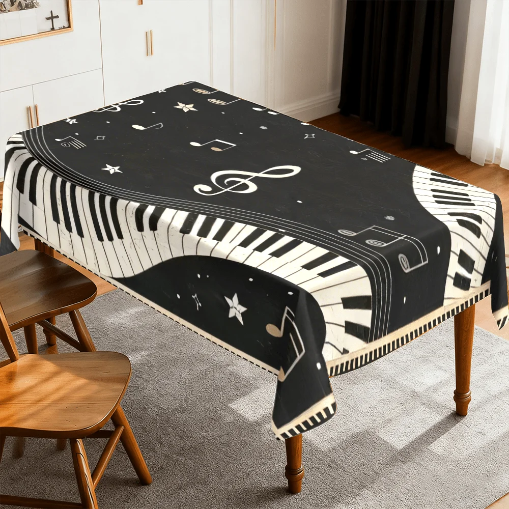 1PC Tablecovers: The black background features an elegant musical theme, adorned with white and gold musical notes.xzj
