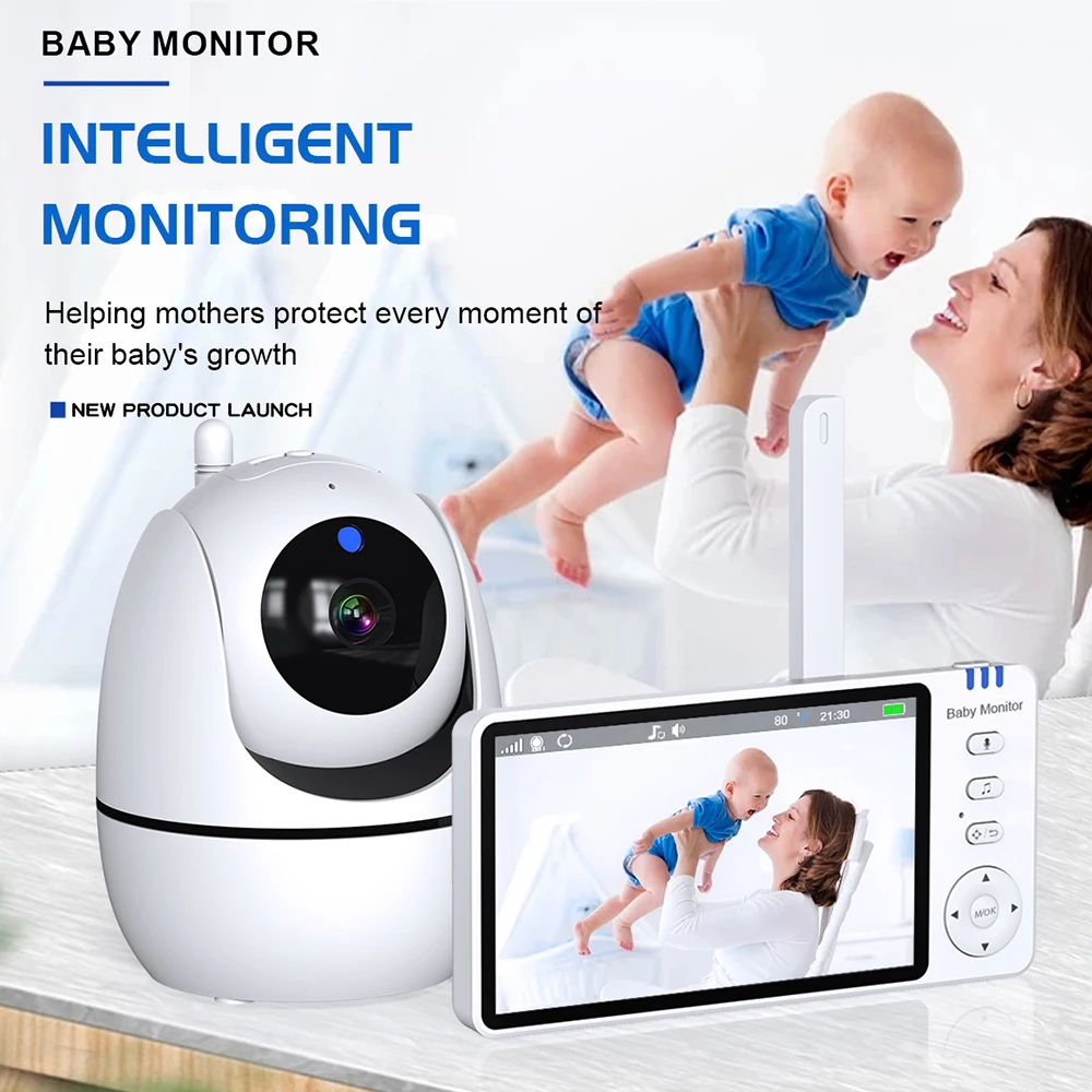 

5'' IPS Video Baby Monitor with Pan Tilt Camera 3500mAh Battery Two Way Audio Intercom Auto Night Vision Kids Security Camera