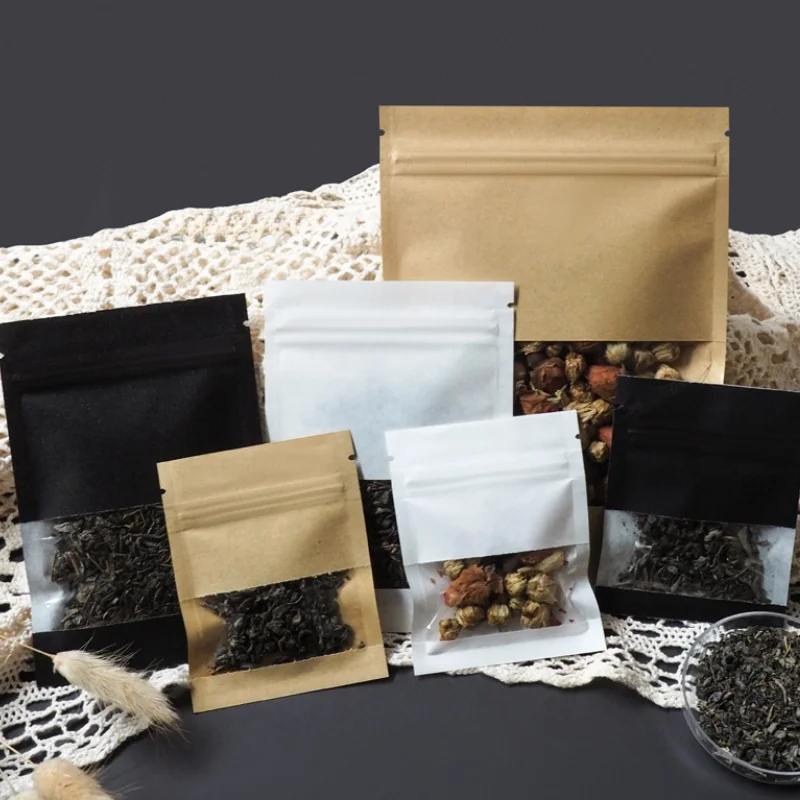 StoBag 100pcs Kraft Paper Ziplock Bag Black White Small with Window Food Packaging for Candy Cookie Tea Storage Thick Pouches