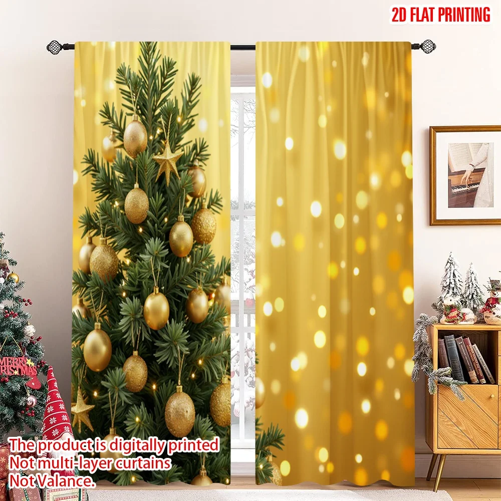 

2pcs 2D flat printing Merry Christmas Party Curtains Christmas Tree Gold Ornaments Fabric Without Electricity Holiday