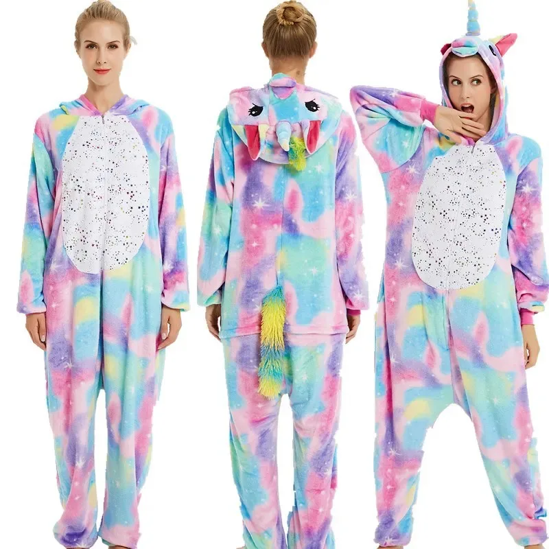 ss23Winter Cartoon Coral Fleece Unicorn Sleepwear Flannel One Piece Hooded Kigurumi Loose Casual Home Wear Jumpsuits Pajamas Set