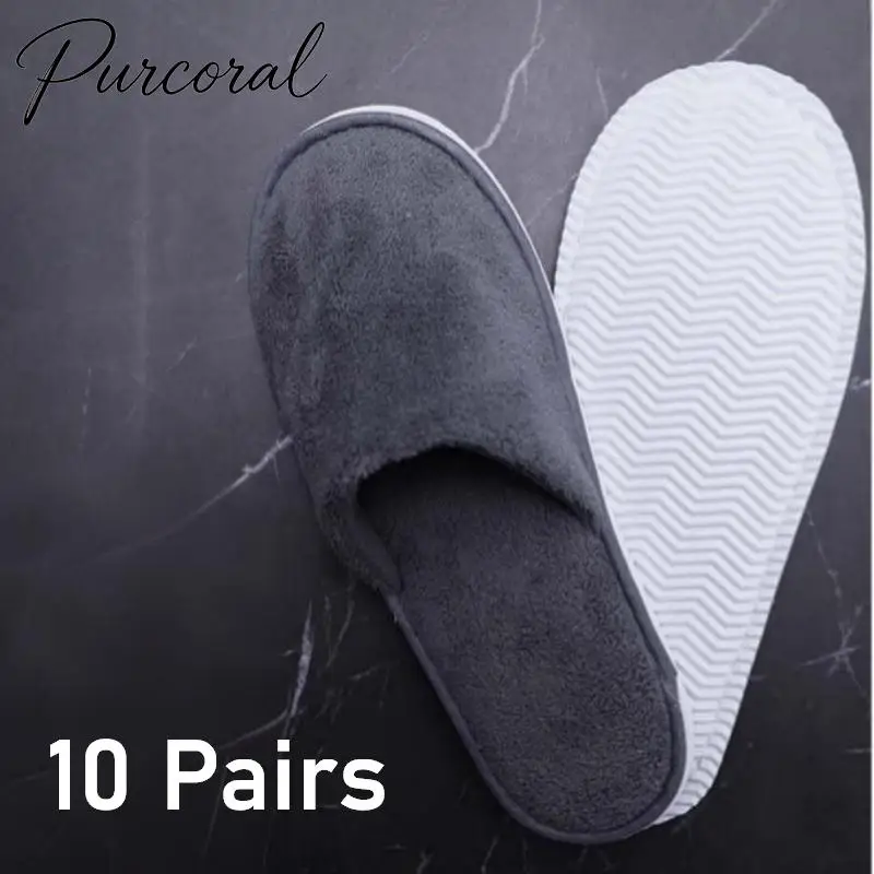 10 Pairs Men Disposable Coral Fleece Slippers Open Back Hotel Slippers Non Slip Sole Travel Portable  Hospitality Slippers