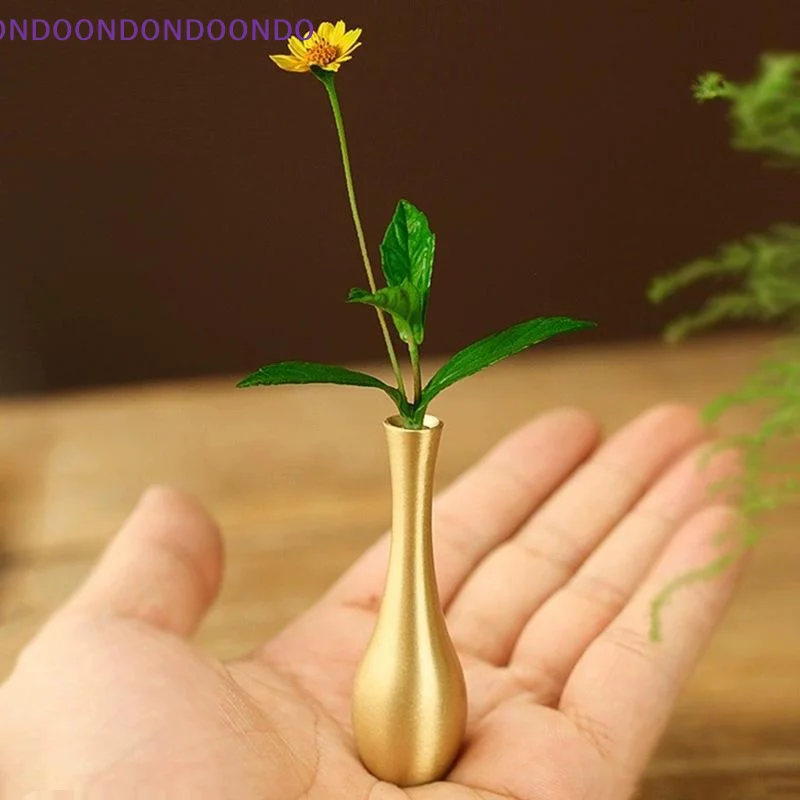 Slim Compact Mini Brass Vase Matte Gold Finish Desktop Ornament Small Flower Display for Kitchen Window Sill Decor