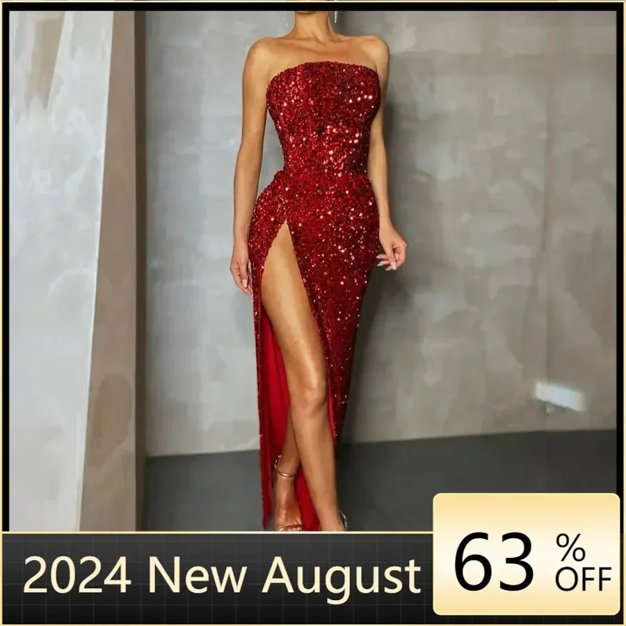 

Strapless Maxi Long Dresses Women Sparkling Sequin Backless Sexy Evening Party Dresses Vestidos Slim High Slit Formal Dress