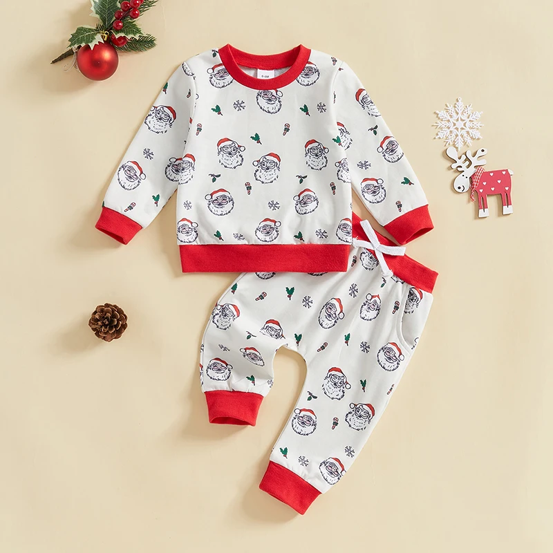 0-3Y Baby 2Piece Christmas Outfits Set Santa Claus All-over Print Long Sleeve Sweatshirt + Elastic Pants Newborn Infant Clothes