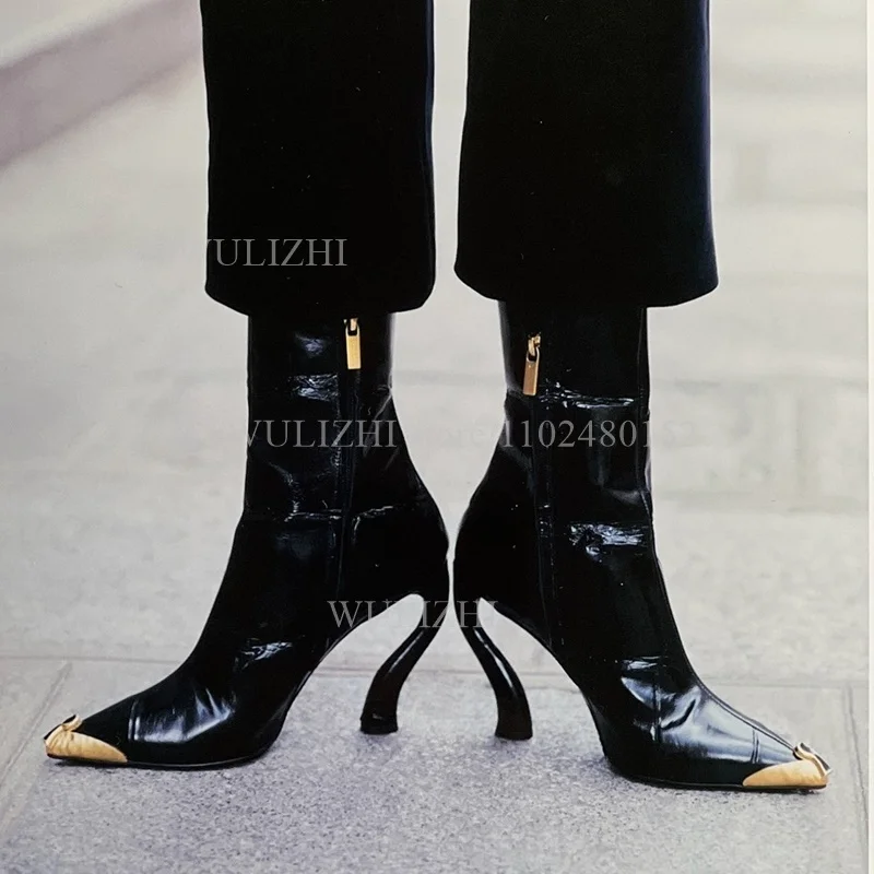 Patent Leather Black Metallic Gold Pointed Toe Boot Women Wavy Heels Brown Suede Zipper Stiletto Catwalk Ankle Calf Booties Shoe