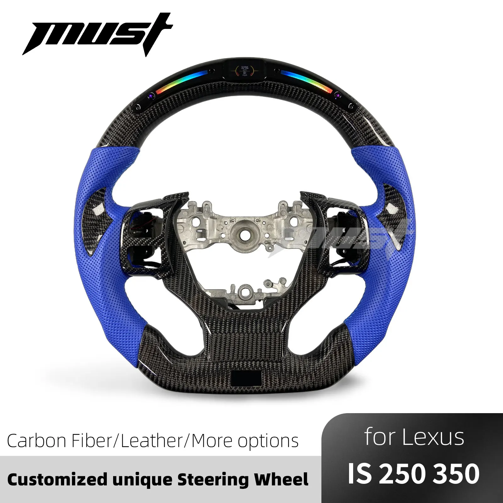 For Lexus 2013-2025 IS RC GS NX 500 350 300h 250 200 F Sport Customized LED Carbon Fiber Steering Wheel with Blue Leather Grips