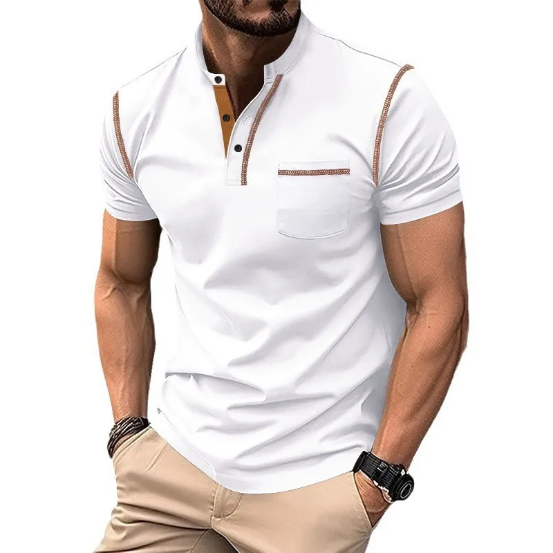 2024 Summer European and American Men's Short Sleeved Henley Shirt Foreign Trade Men's Round Neck T-shirt Color Block T-shirt