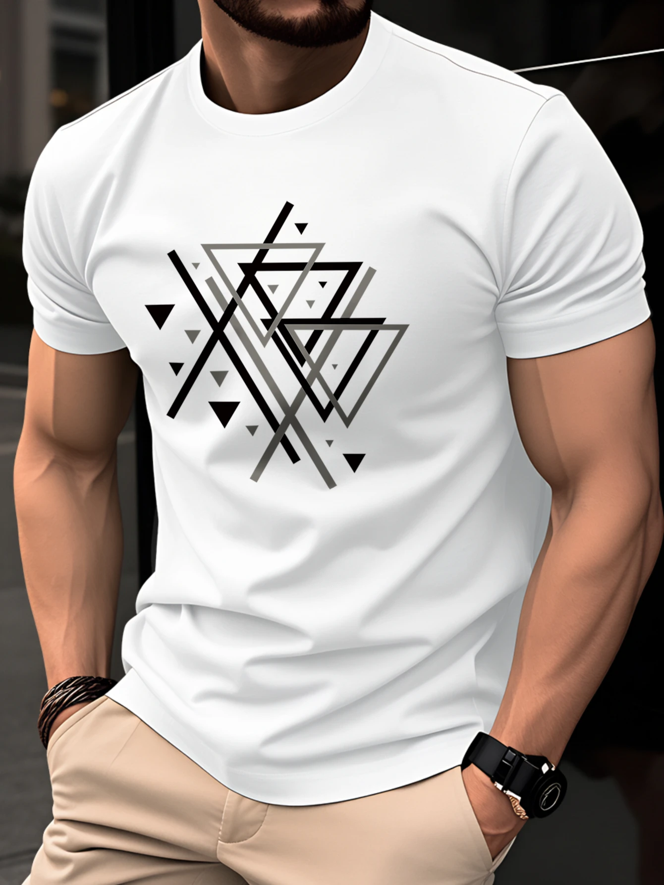 Summer Geometric Overlapping Black Gray and Brown Triangle Pattern Short-Sleeve Shirt Men's Minimalist Casual Short-Sleeve Top