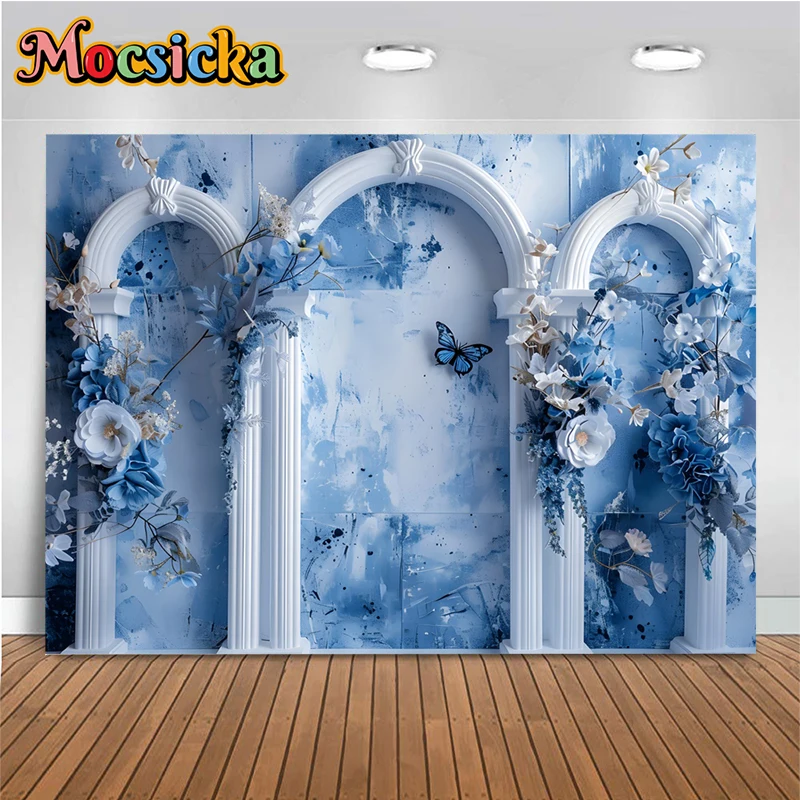 Blue Flower Wall Backgrounds For Photographs Butterfly Baby Shower Photo Birthday Wedding Backdrops Party Decorations Photocall