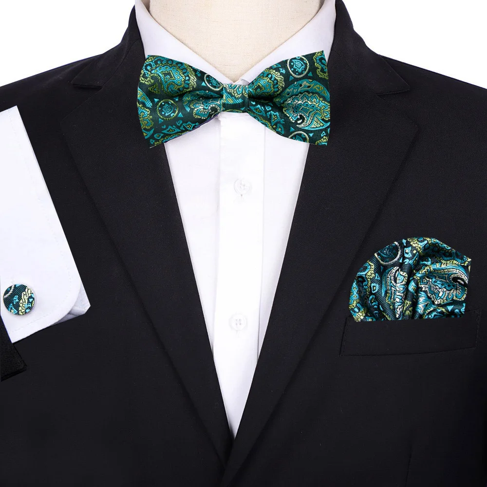 Classic Paisley men's pre tied tie tie, handkerchief and cufflinks set of 3 pieces, suitable for parties, dances, concerts, grad