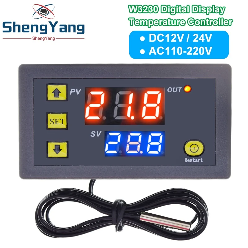 W3230 12V 24V AC110-220V Probe line 20A Digital Temperature Control LED Display Thermostat With Heat/Cooling Control Instrument