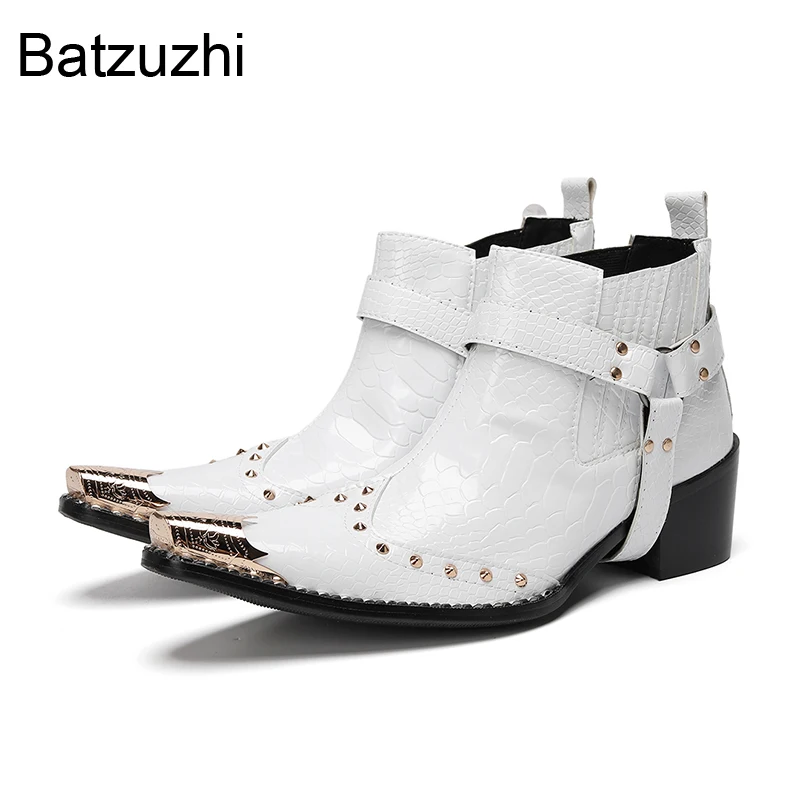 

Batzuzhi High Quality Men's Boots Slip on White Leather Ankle Boots Man 6,5cm Heels Height Party, Wedding Boots Botas Hombre