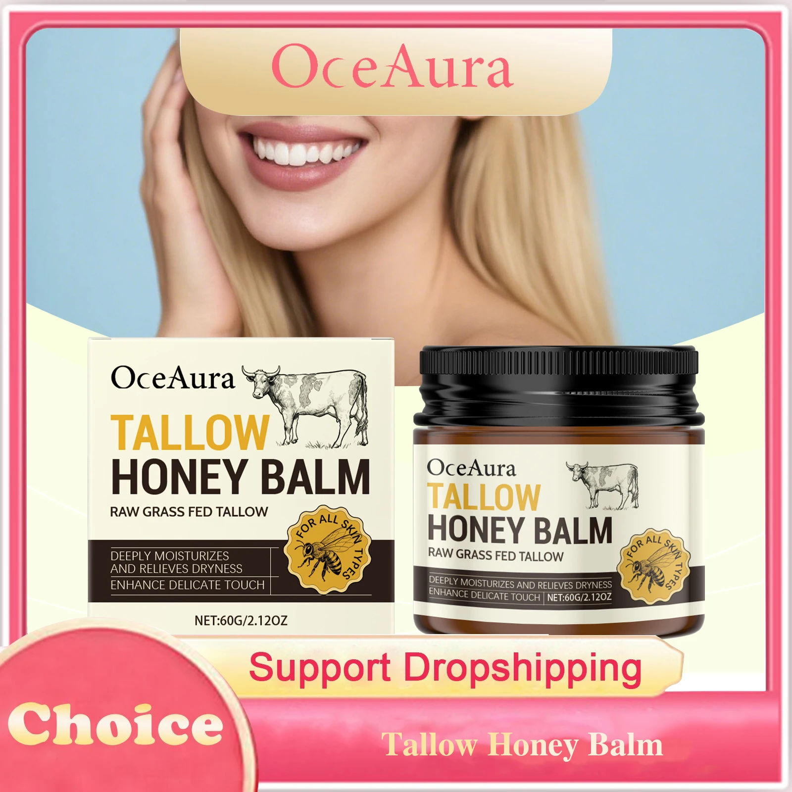 Grass Fed Tallow Honey Balm Nourishing Repair Damaged Skin Fade Fine Lines Improve Dullness Smoothing Glow Soothing Moisturizer