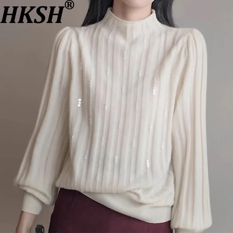 

HKSH осень-зима новый женский свитер полуводолазка с рукавами-фонариками и блестками элегантный уличный тренд базовый вязаный топ HK16360