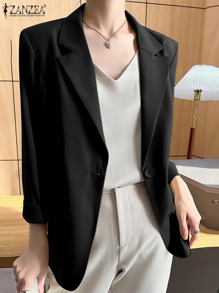 ZANZEA elegante colletto con risvolto Blazer da ufficio donna tinta unita cappotto moda manica 3/4 singolo bottone Outwears cappotto tasca finta