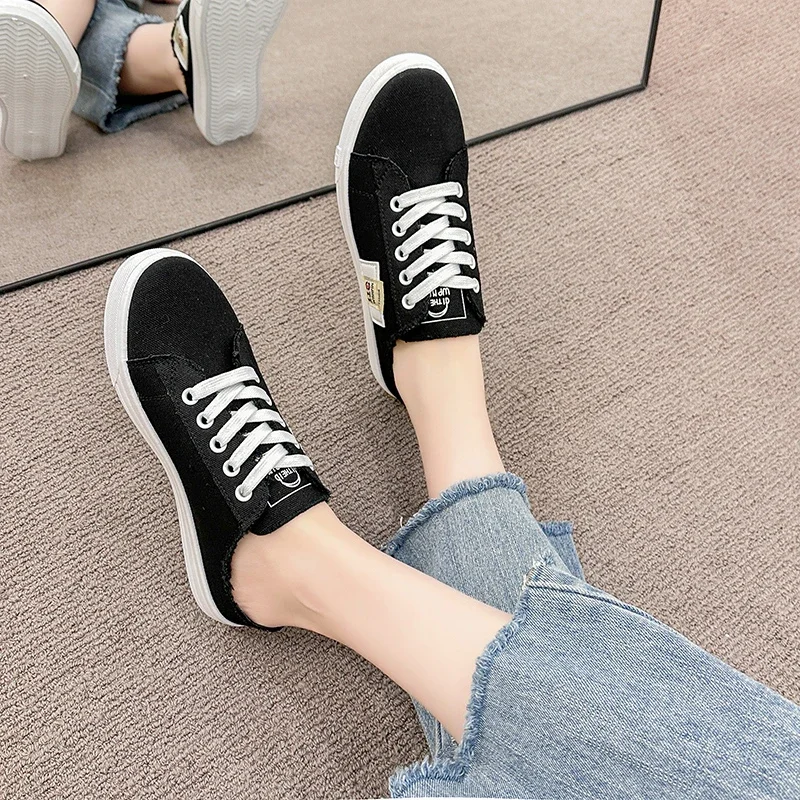 Blue Denim Women\'s Slippers 2024 Summer New Canvas Shoes Fashion Low Upper Lace Up Casual Sneakers Women Zapatos De Mujer