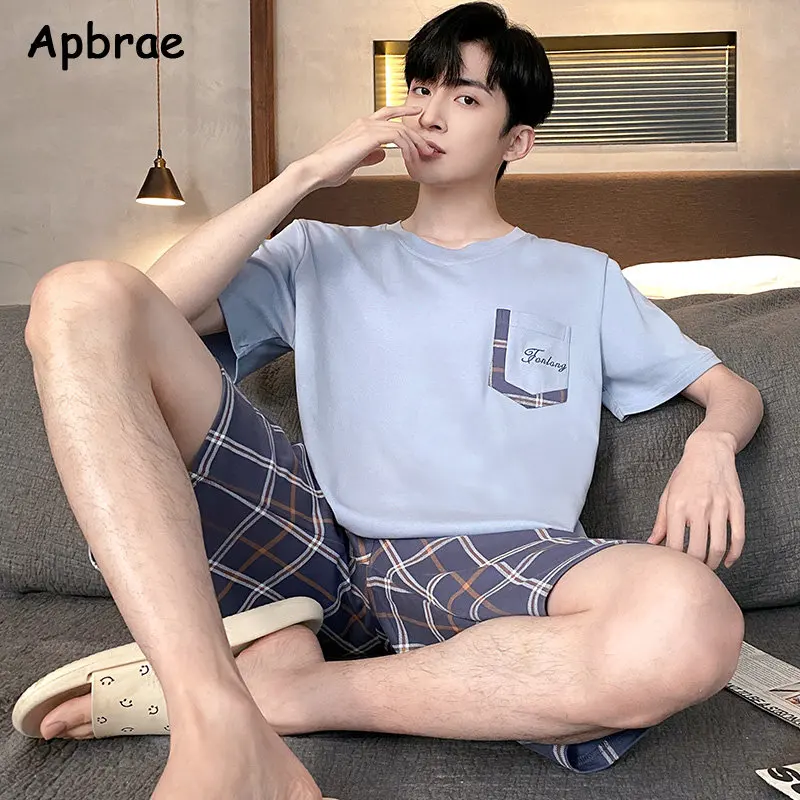 Men Cotton Pajamas Set Short Sleeve Shorts Plus Size L-4XL Home Suit for Boy Casual Sleepwear Man Pajama Korean Loose Nightwear